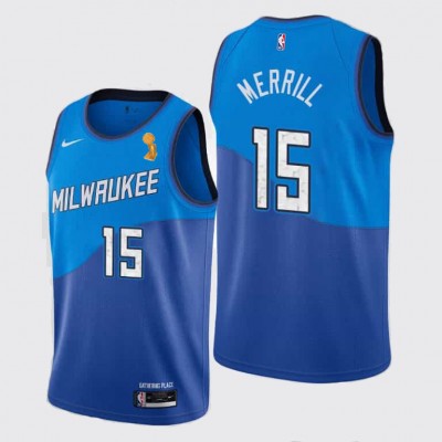 Nike Milwaukee Bucks #15 Sam Merrill 2021 NBA Finals Champions City Edition Jersey Blue Men's